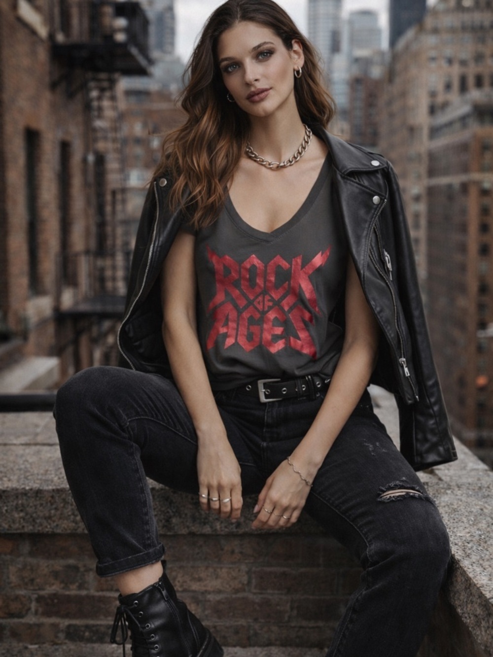 Rock of Ages 10th Anniversary Broadway tour v neck T-shirt - small